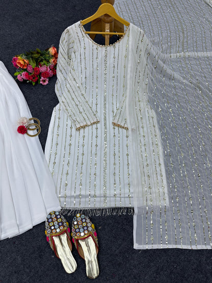 Function Wear Sequence With Pearl Work White Color Sharara Suit