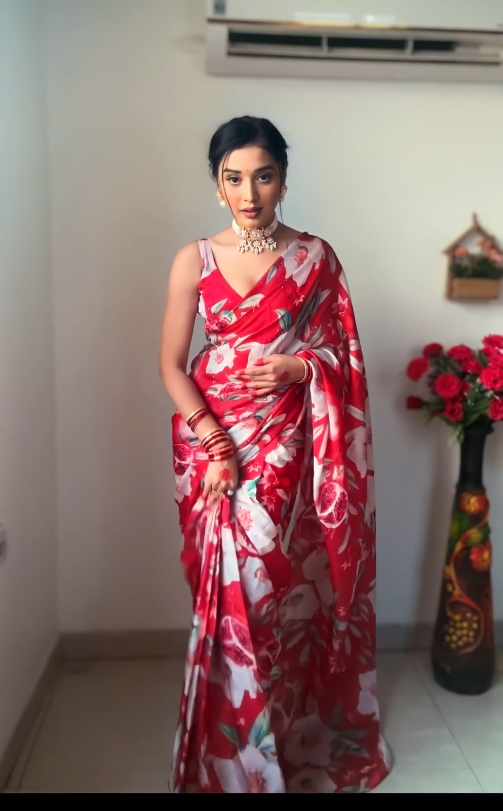 Classy White Flower Print Red Color Ready To Wear Saree