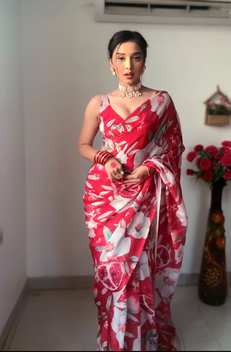 Classy White Flower Print Red Color Ready To Wear Saree