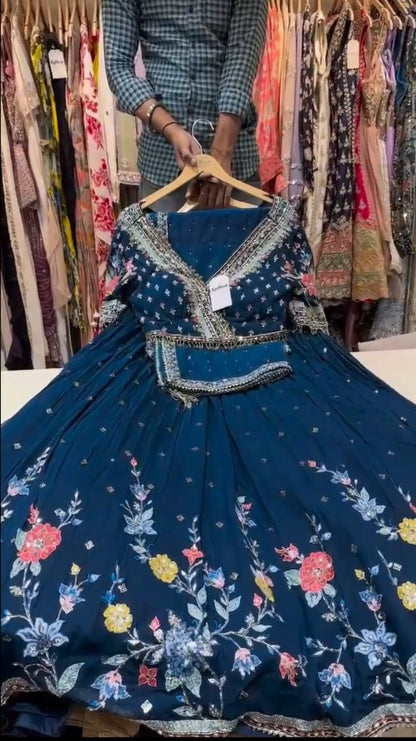 Embellished Multi Thread Embroidery Work Blue Color Lehenga Choli