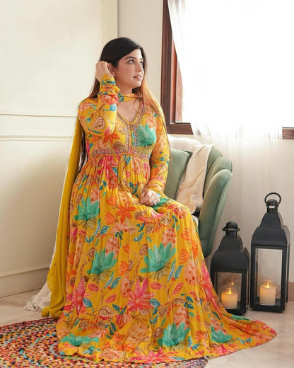 Ruffle Flair Stunning Flower Print Yellow Color Gown With Dupatta