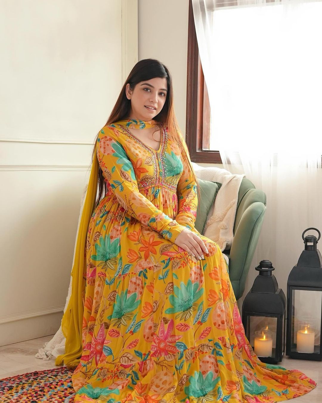 Ruffle Flair Stunning Flower Print Yellow Color Gown With Dupatta