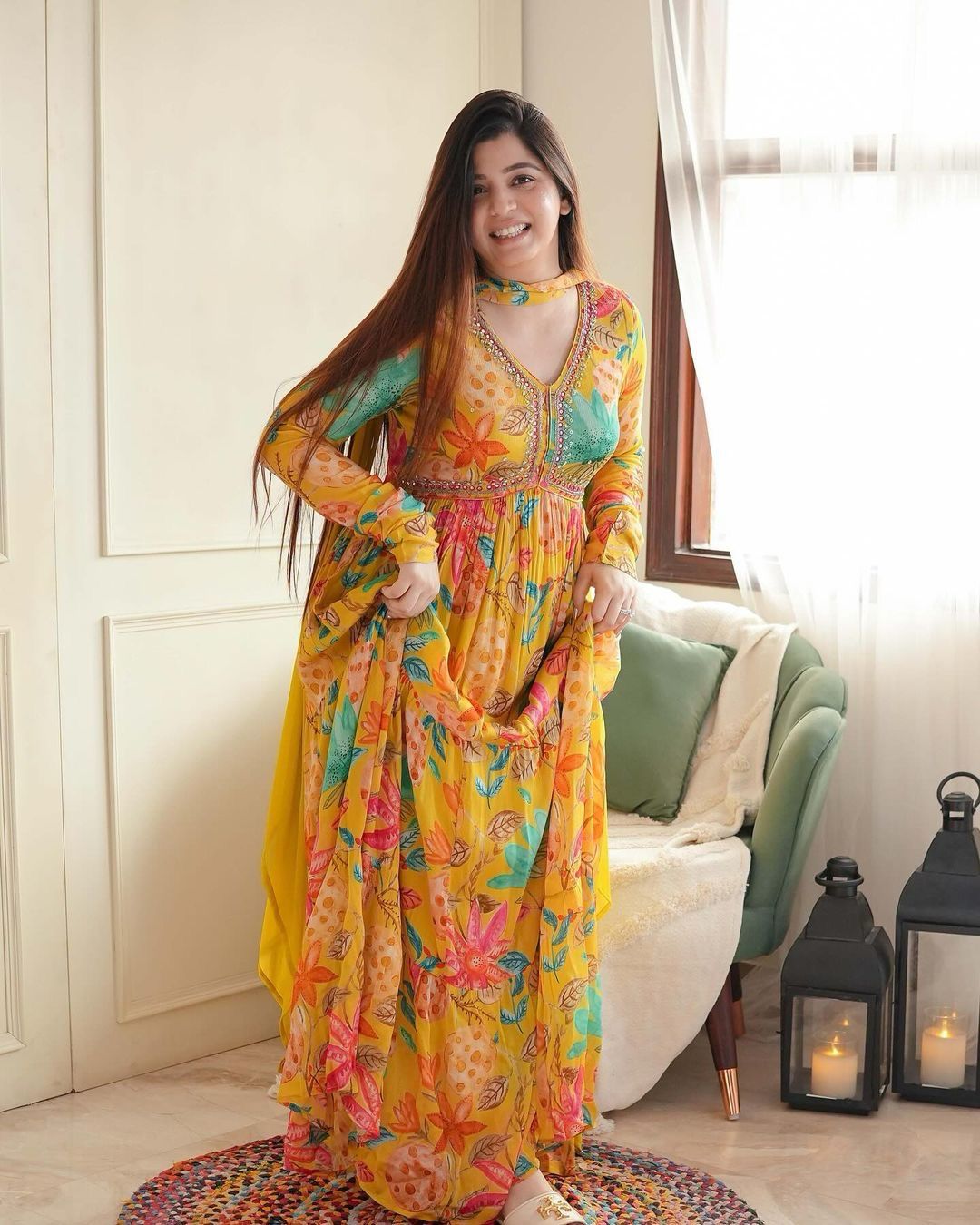 Ruffle Flair Stunning Flower Print Yellow Color Gown With Dupatta