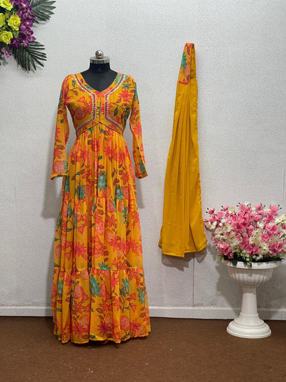 Ruffle Flair Stunning Flower Print Yellow Color Gown With Dupatta