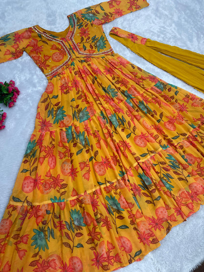 Ruffle Flair Stunning Flower Print Yellow Color Gown With Dupatta