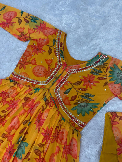 Ruffle Flair Stunning Flower Print Yellow Color Gown With Dupatta