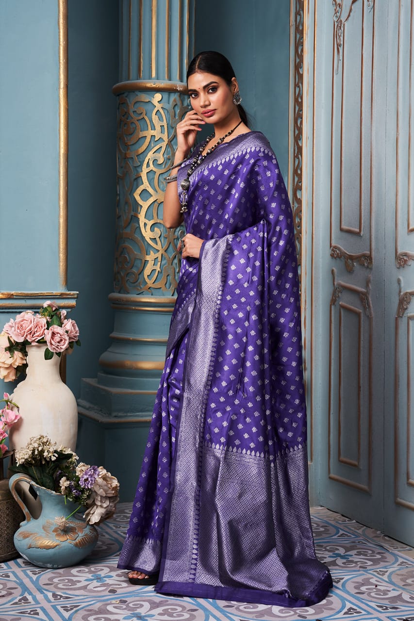 Purple Color Silver Zari Design Jacquard Weaving Work Amazing Saree