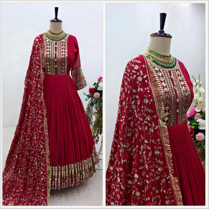 Festive Wear Sequence Work Dark Pink Long Gown With Dupatta