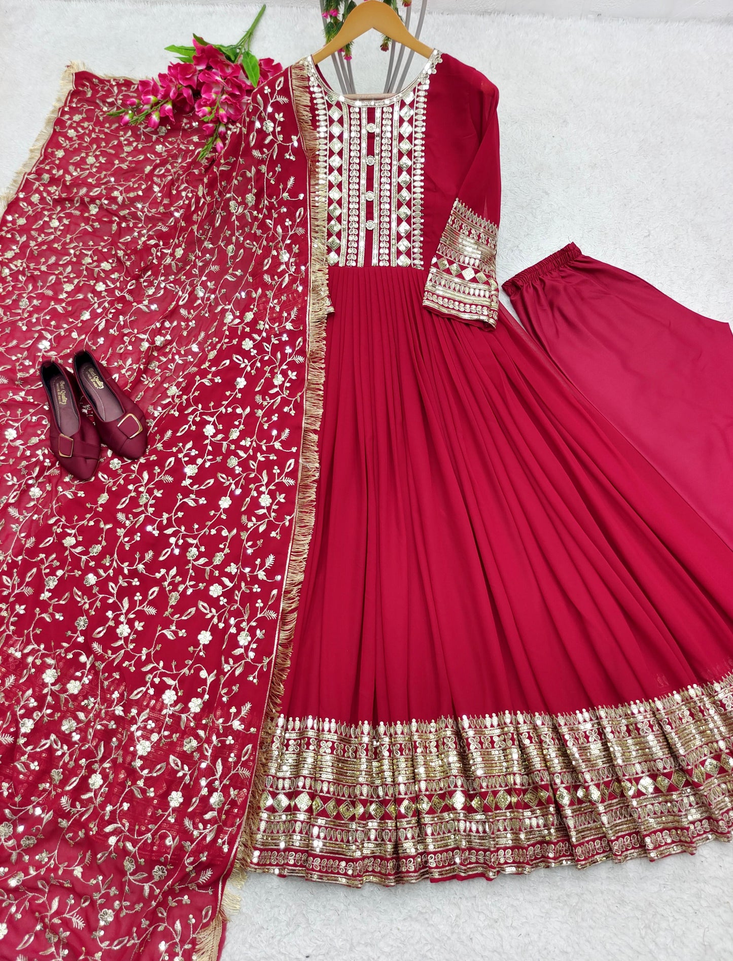 Festive Wear Sequence Work Dark Pink Long Gown With Dupatta