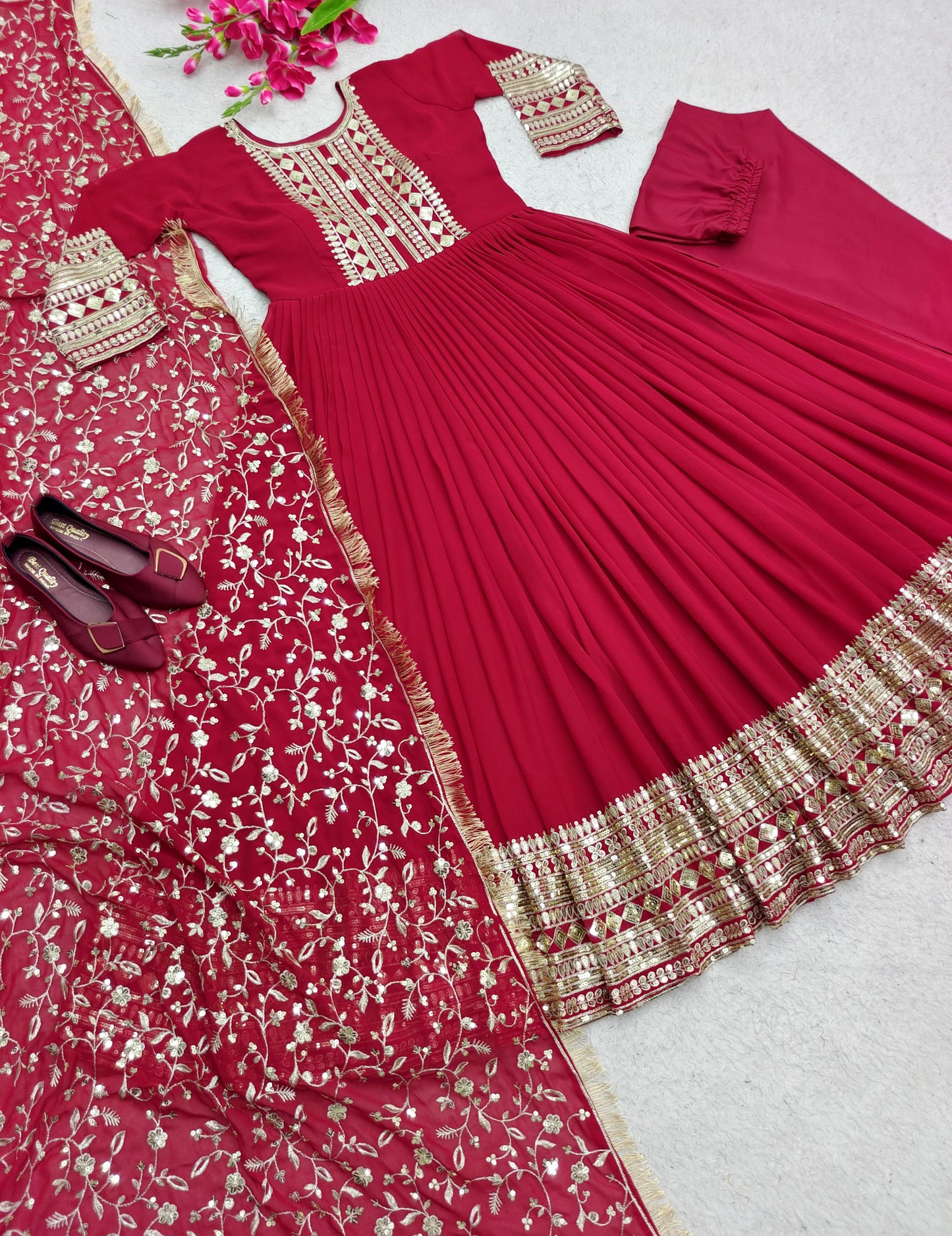 Festive Wear Sequence Work Dark Pink Long Gown With Dupatta