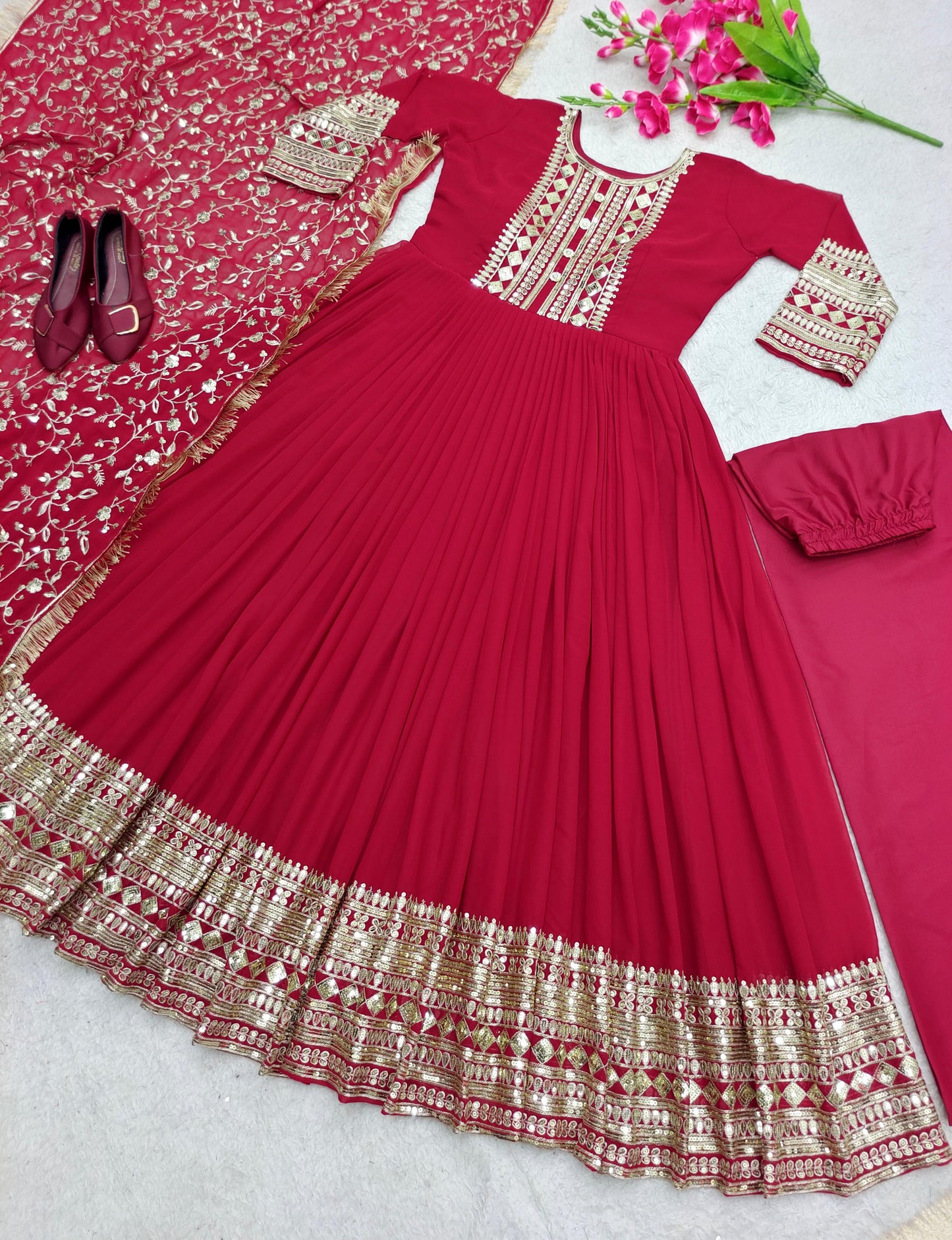 Festive Wear Sequence Work Dark Pink Long Gown With Dupatta