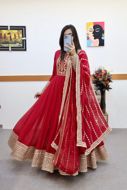 Glossy Red Color Sequence And Embroidery Work Gown