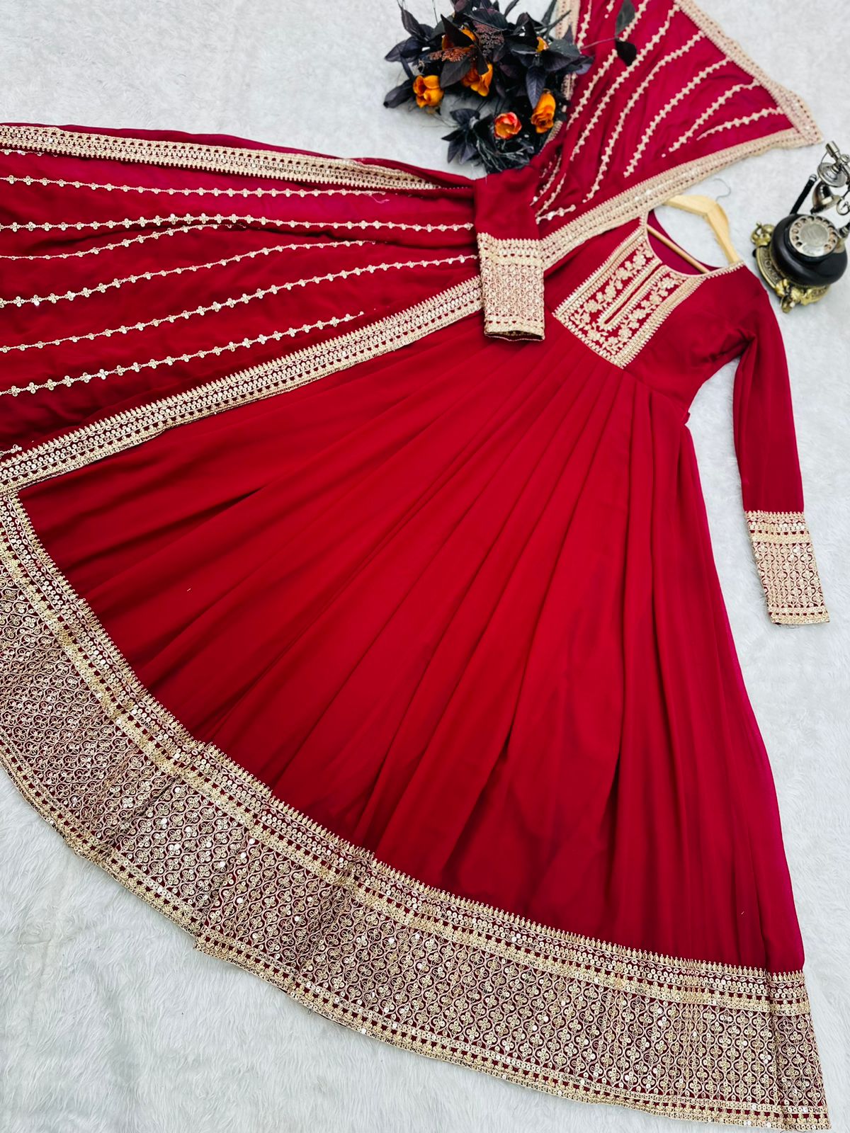 Glossy Red Color Sequence And Embroidery Work Gown