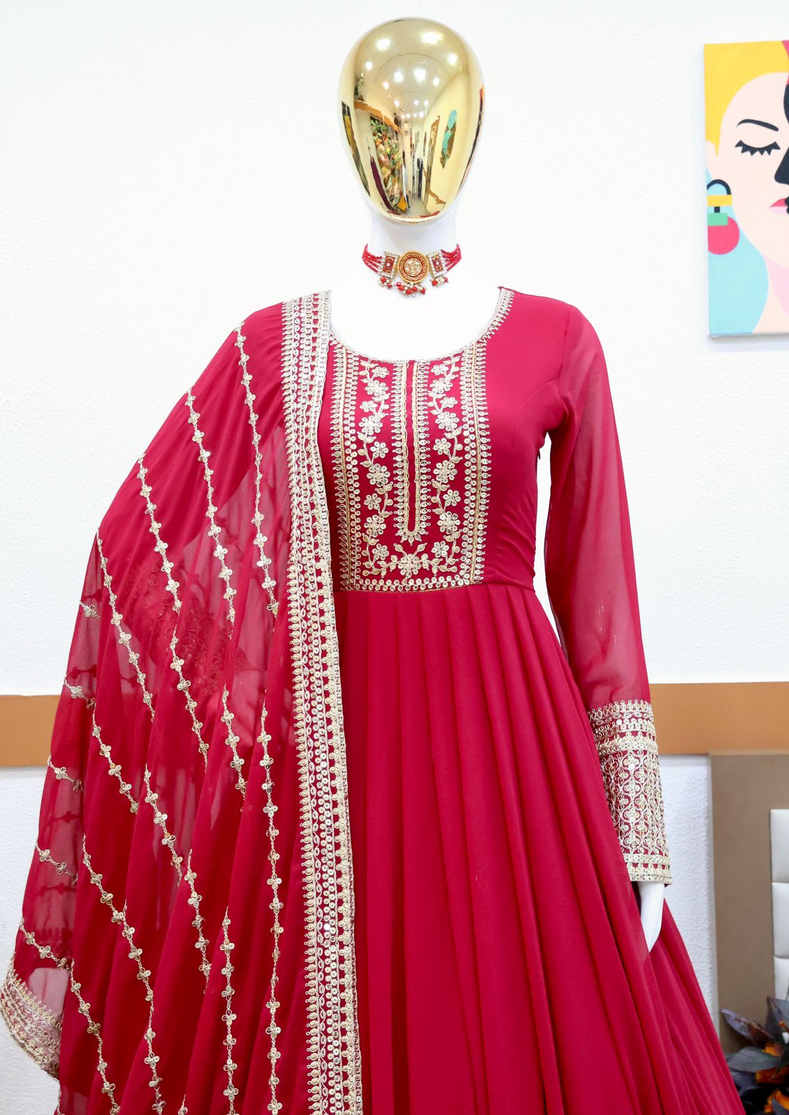 Glossy Red Color Sequence And Embroidery Work Gown