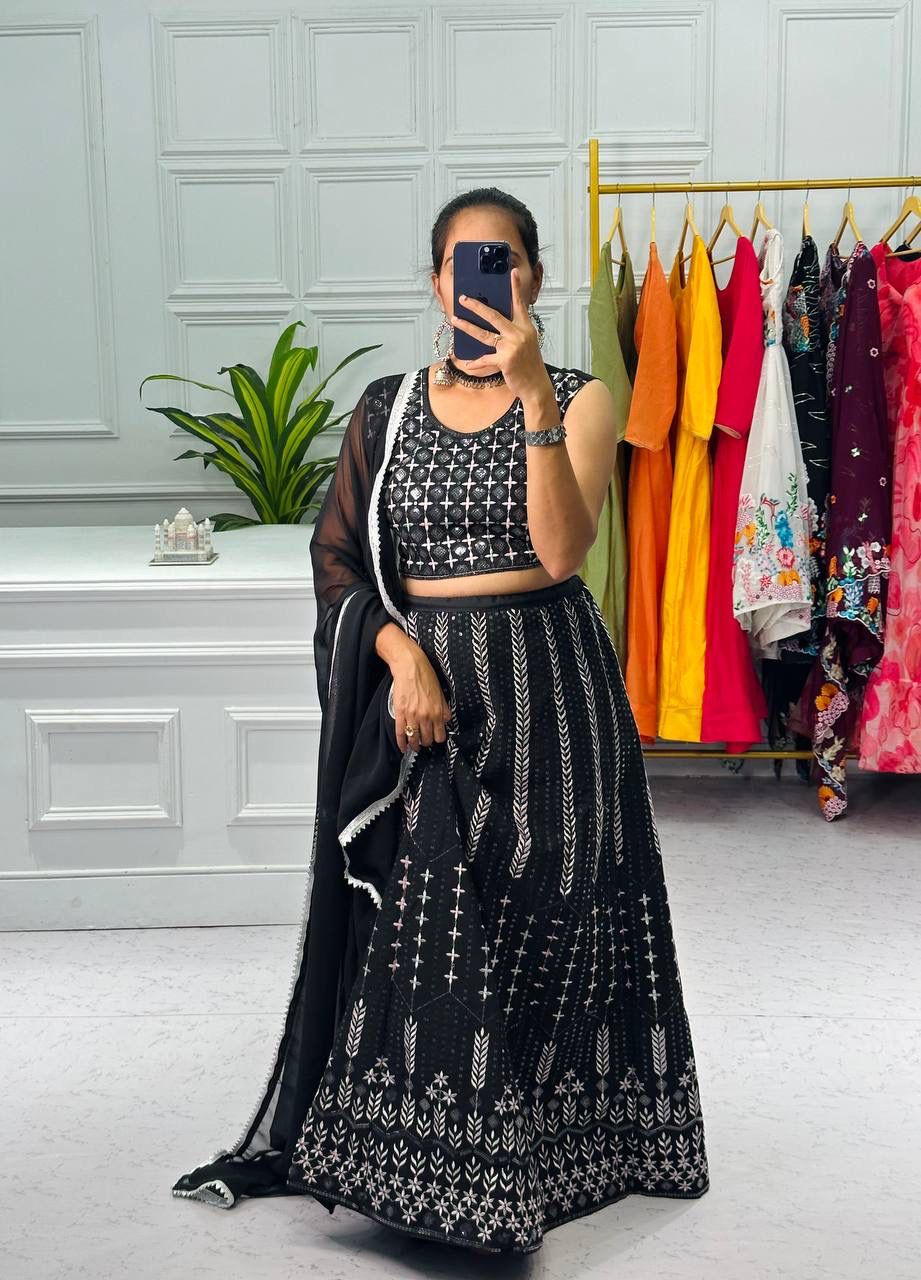 Beautiful Heavy Multi Thread With Sequence Work Black Color Lehenga Choli