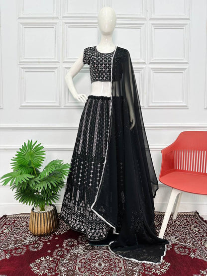 Beautiful Heavy Multi Thread With Sequence Work Black Color Lehenga Choli