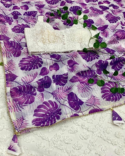 Printed Purple Color Crochet Sequence Work Saree