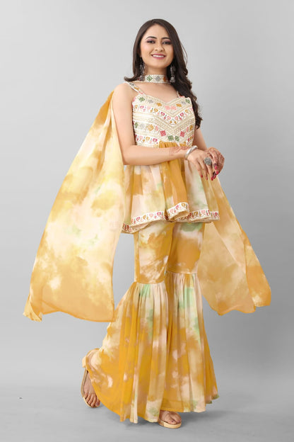 Adorable Embroidered Work Tie Dye Mustard Sharara Suit