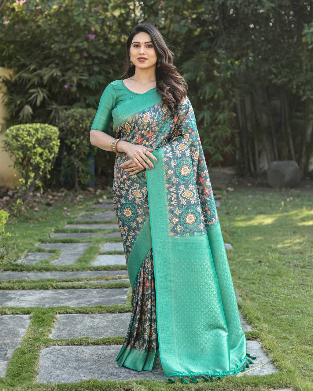 Contrast Weaved Aqua Green Border Soft Silk Saree