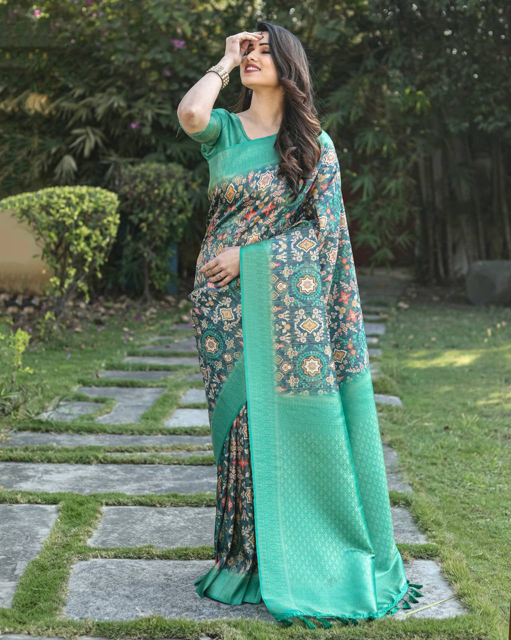 Contrast Weaved Aqua Green Border Soft Silk Saree