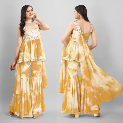 Adorable Embroidered Work Tie Dye Mustard Sharara Suit