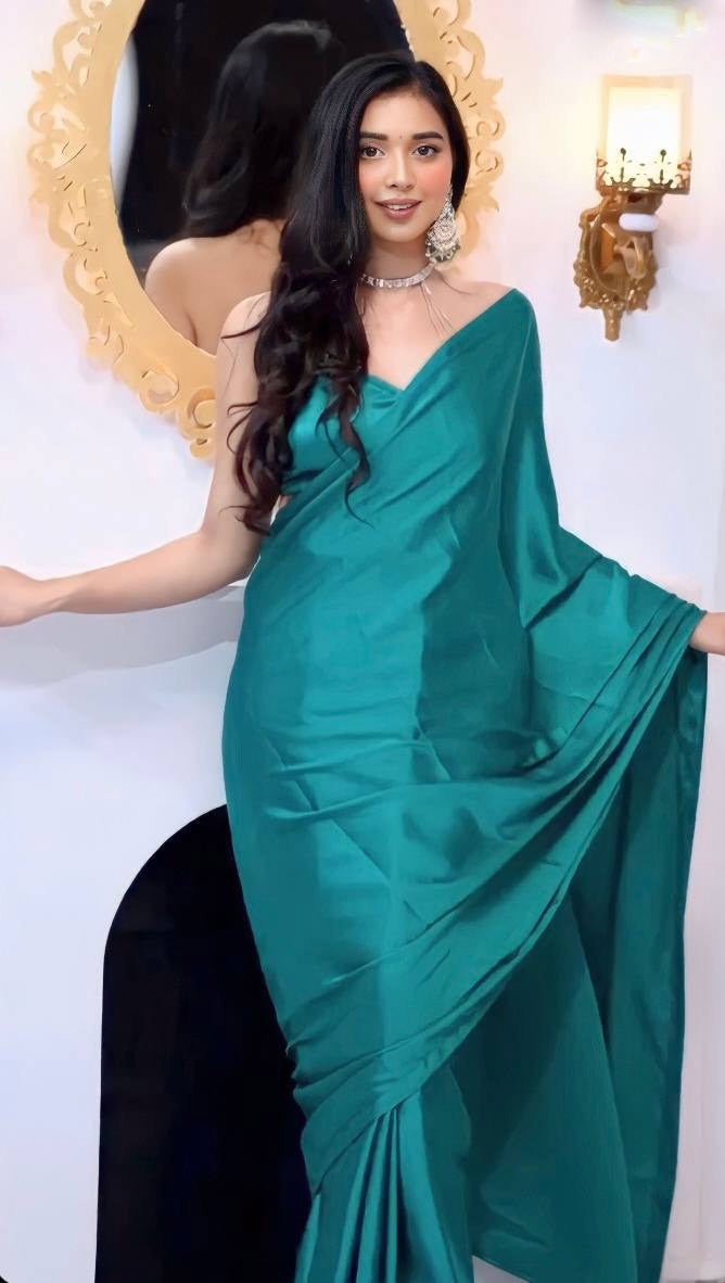 Plain Satin Silk Aqua Green Color Trendy Ready To Wear Saree