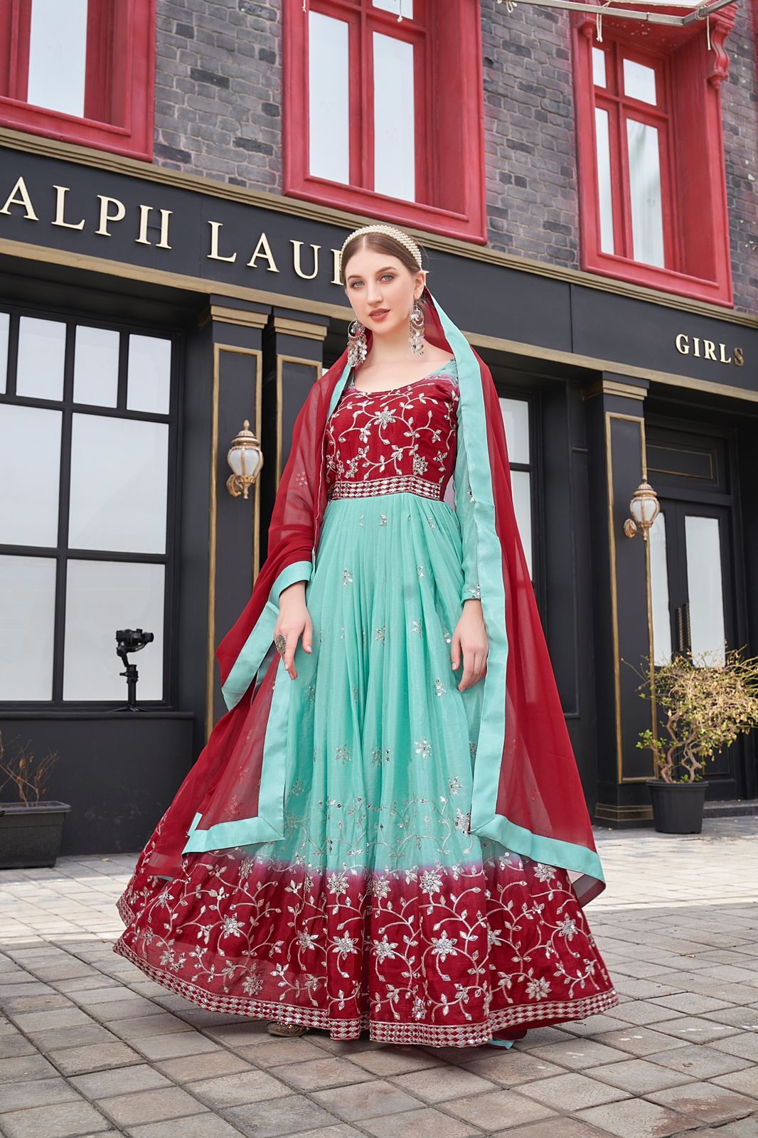 Aqua And Red Color Sequence Work Designer Gown