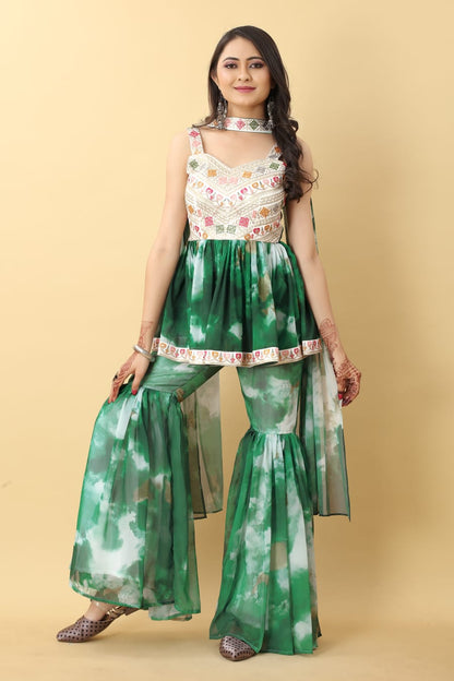 Adorable Embroidered Work Tie Dye Green Sharara Suit