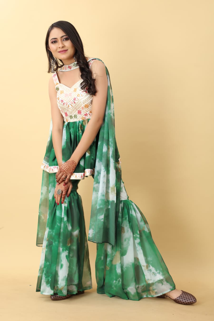 Adorable Embroidered Work Tie Dye Green Sharara Suit