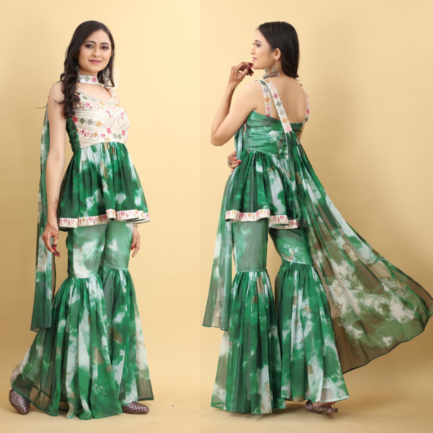 Adorable Embroidered Work Tie Dye Green Sharara Suit