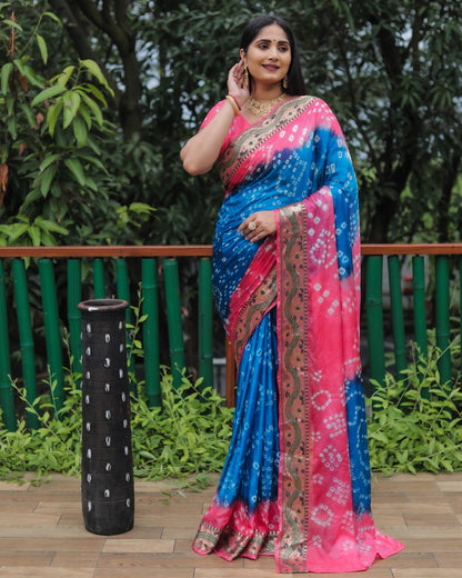 Light Pink And Blue Dual Color Bandhej Pallu Saree