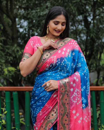 Light Pink And Blue Dual Color Bandhej Pallu Saree