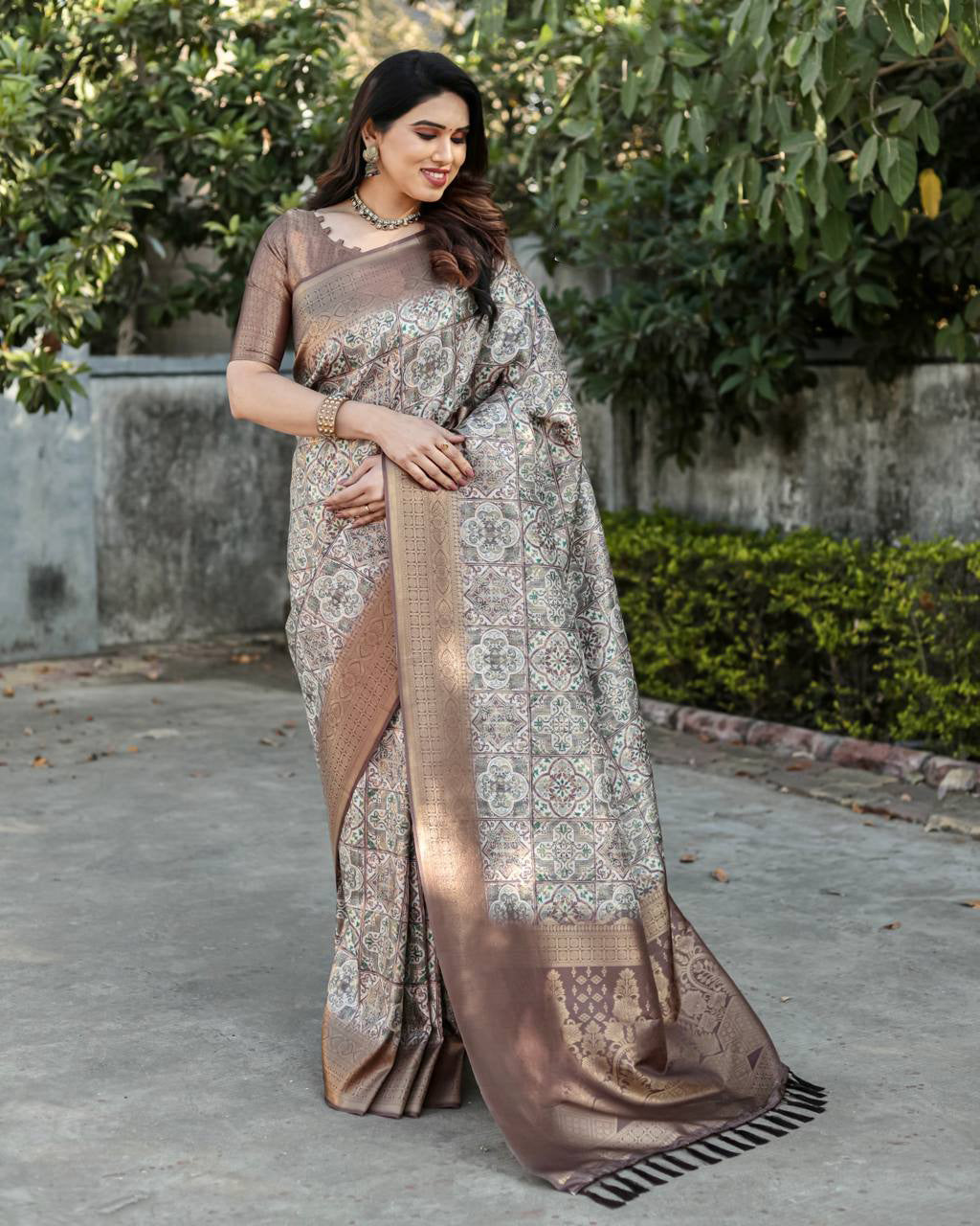 Soft Silk Stylish Brown Color Banarasi Saree