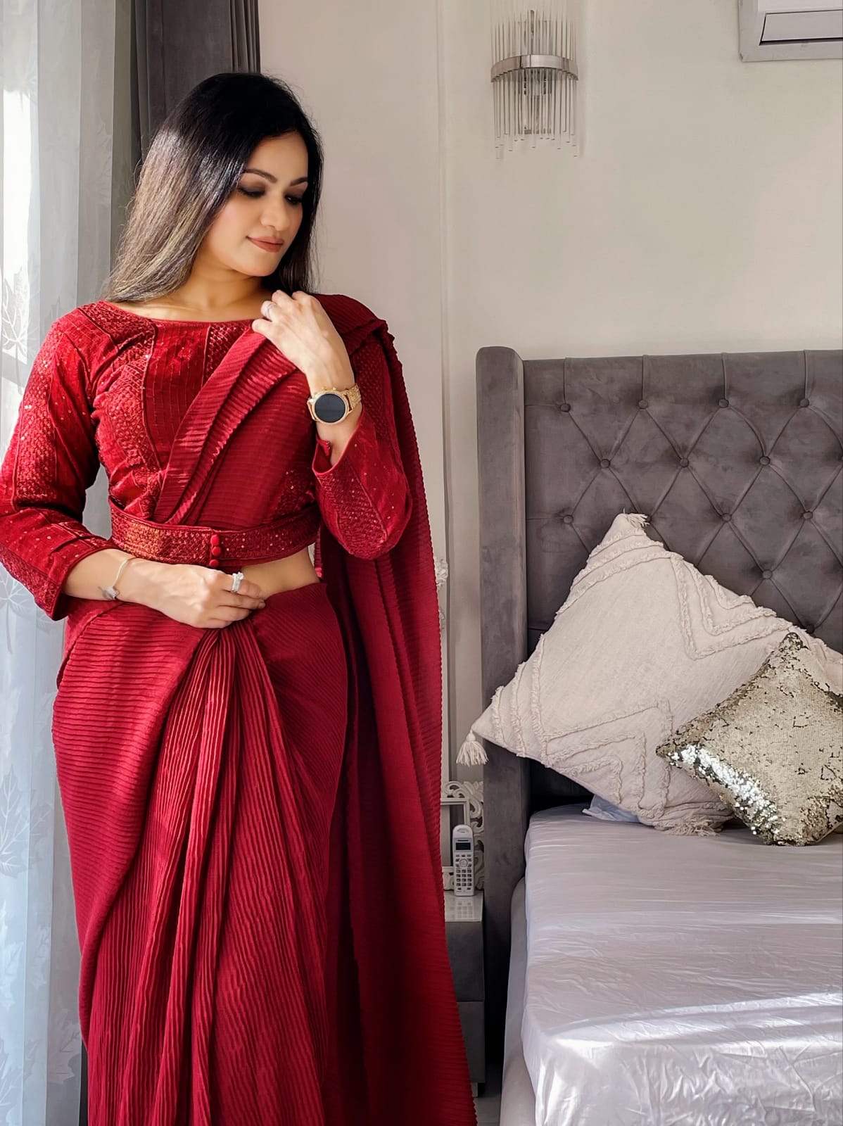 Maroon Color Plated Saree And Attached Belt Blouse