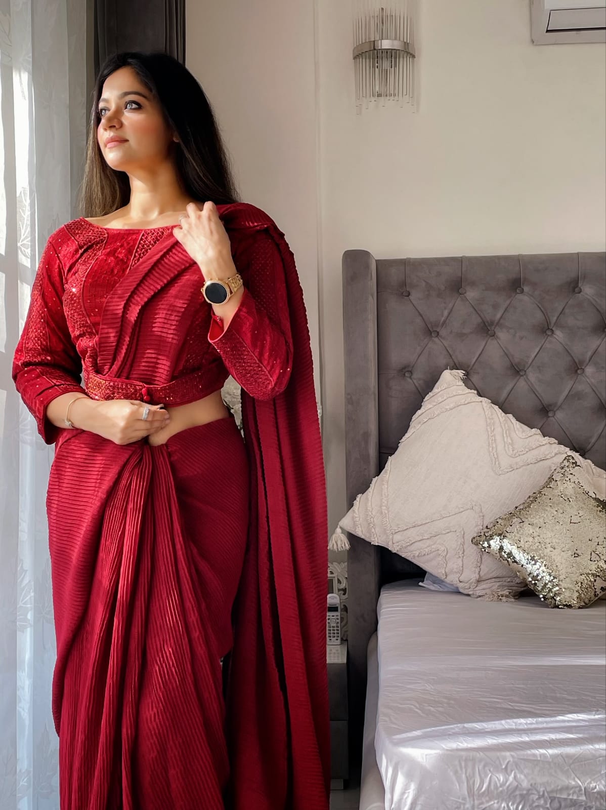 Maroon Color Plated Saree And Attached Belt Blouse