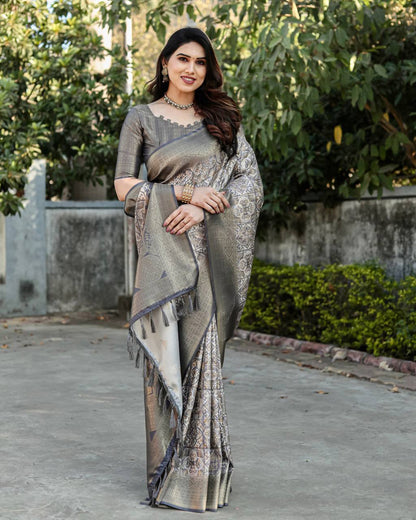 Soft Silk Stylish Dark Grey Color Banarasi Saree