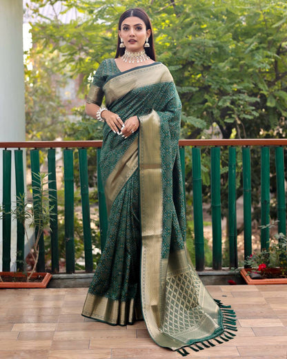 Bandini Patola Silk Weaving Rich Pallu Green Color Saree