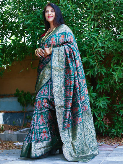 Green Color Patola Silk Saree wIth zari weaving Work