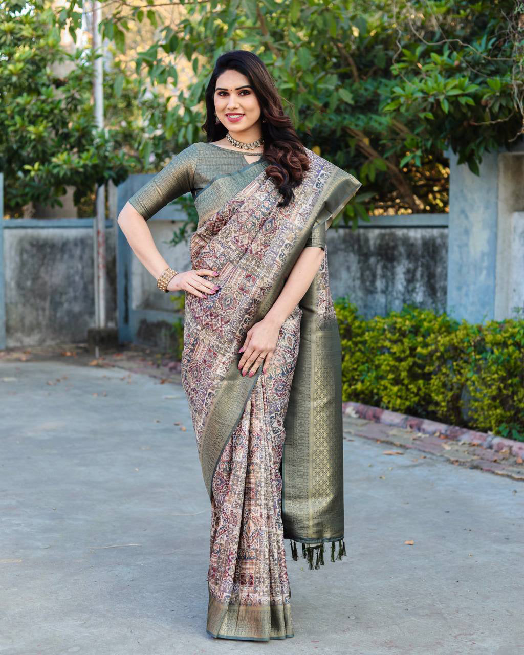 Embrocation Firozi Soft Banarasi Silk Saree With Ephemeral B