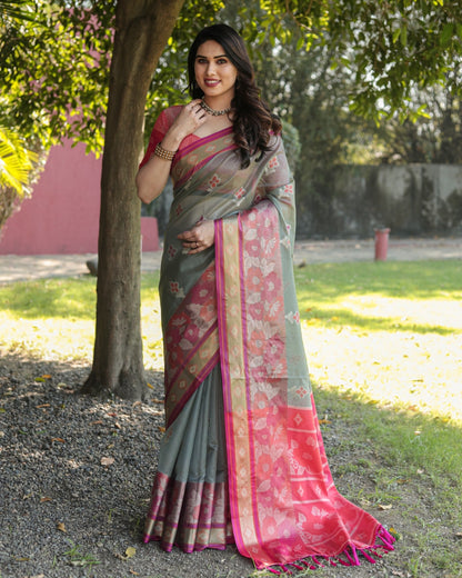 Soft Organza Grey Color Function Wear Saree