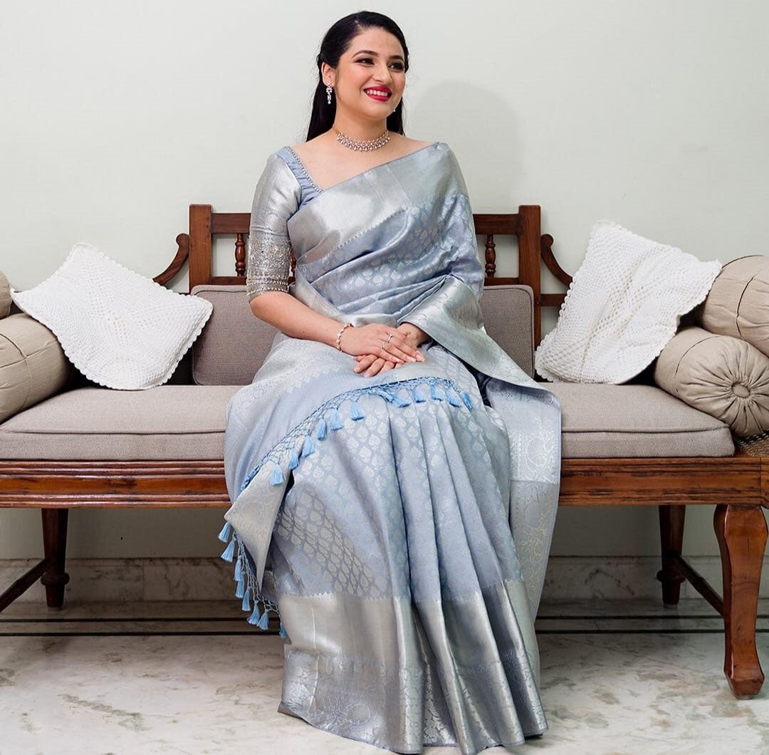 Shining Grey Color Banarasi Silk Saree