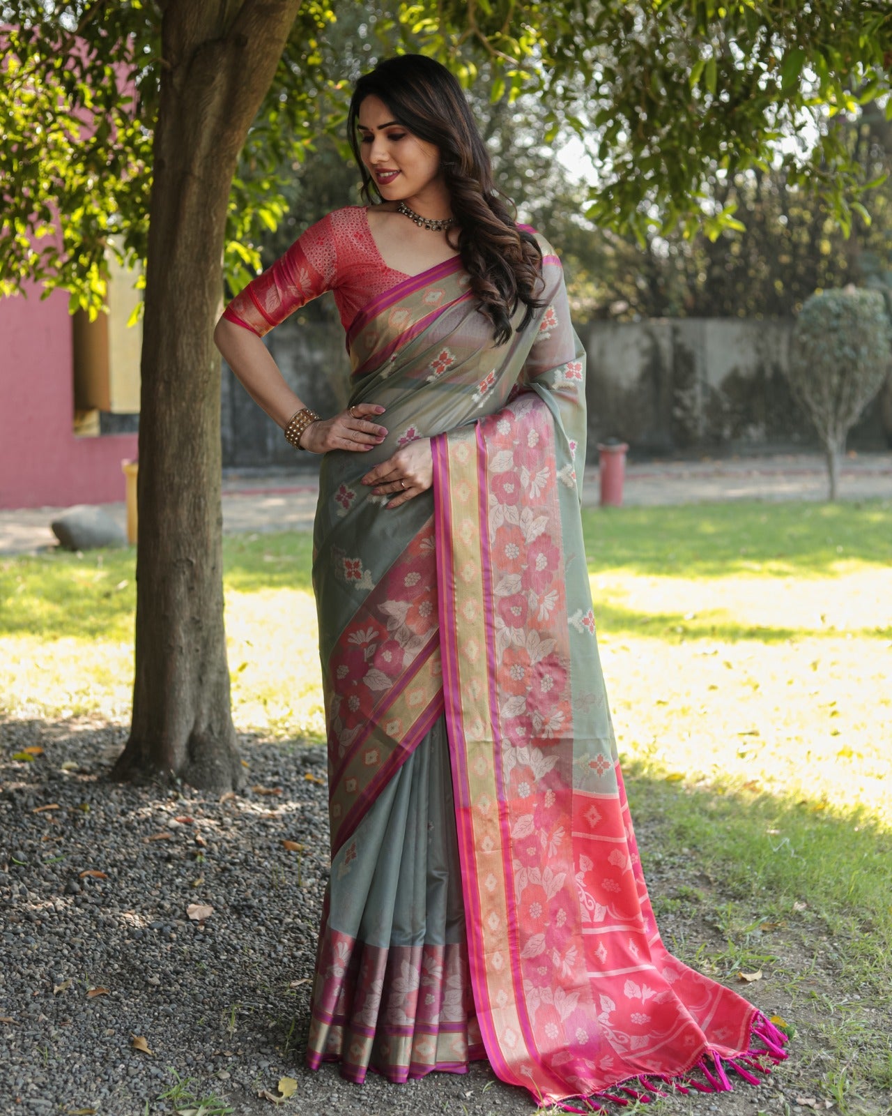 Soft Organza Grey Color Function Wear Saree