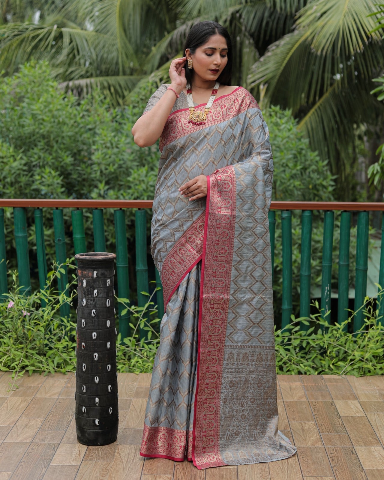 Banarasi Grey Color Kanjivaram Pattern Silk Saree