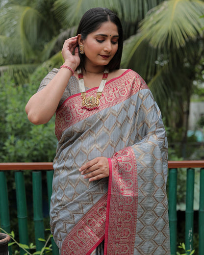 Banarasi Grey Color Kanjivaram Pattern Silk Saree