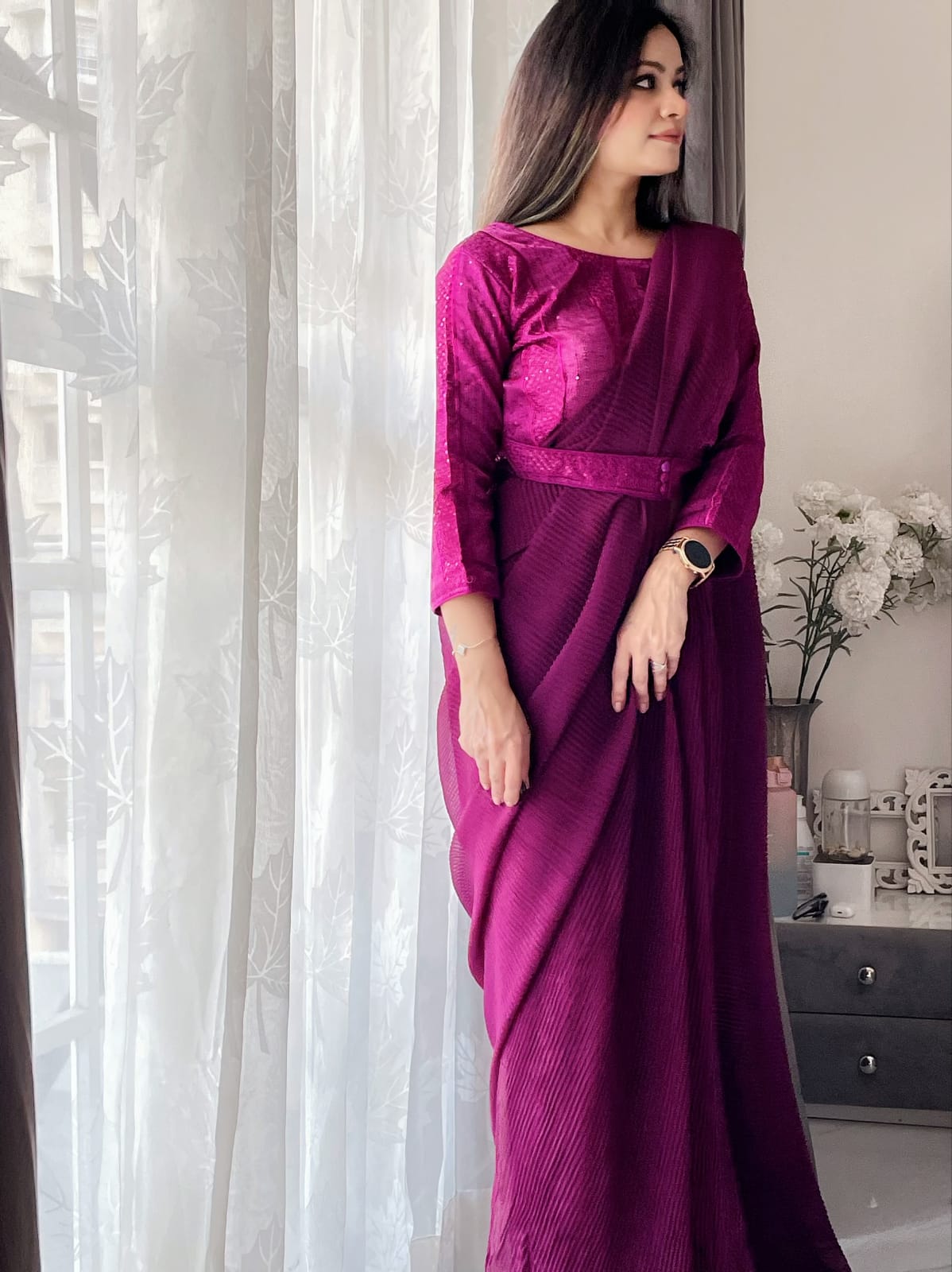 Wine Color Plated Saree And Attached Belt Blouse