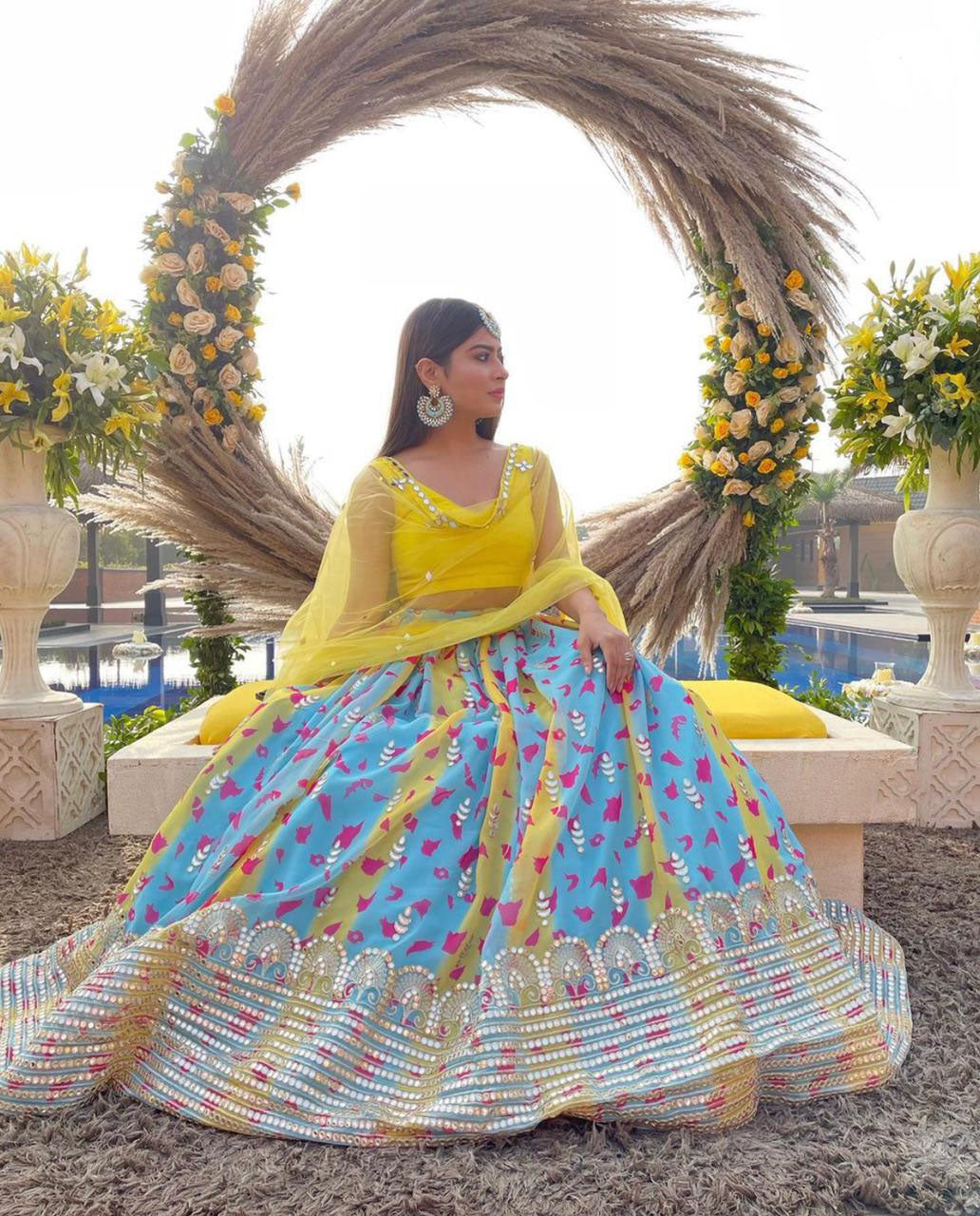 Flattering Yellow With Sky Blue Color Lehenga Choli