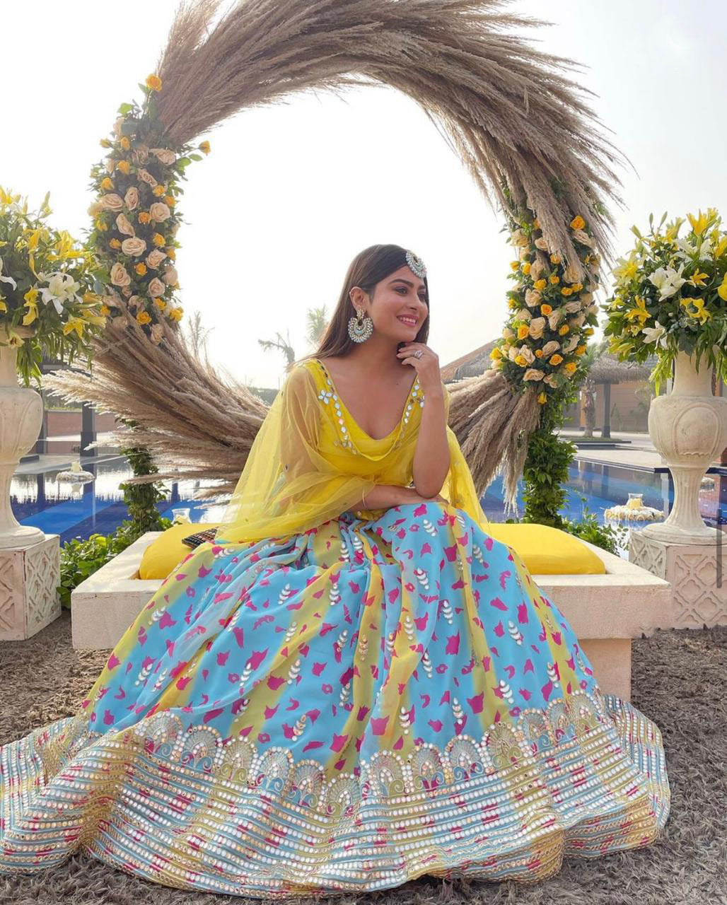 Flattering Yellow With Sky Blue Color Lehenga Choli