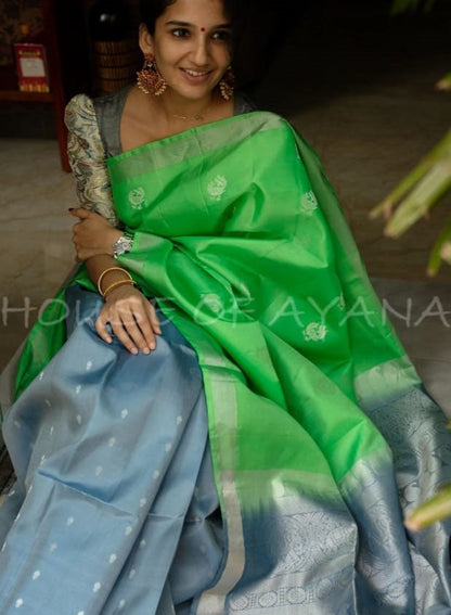 Attractive Parrot Green & Grey Color Banarasi Silk Saree