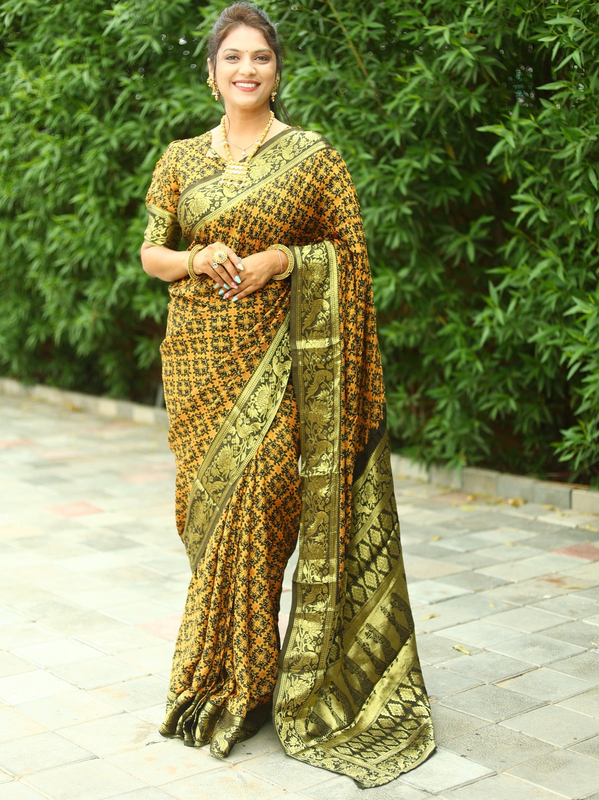 Mehendi Color Ajrakh Art  Silk Saree