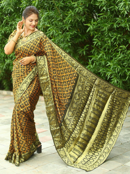 Mehendi Color Ajrakh Art  Silk Saree